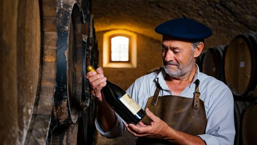 Un vigneron français en cave regardant une bouteille de vin, fûts de chêne en arrière-plan, lumière naturelle dorée
