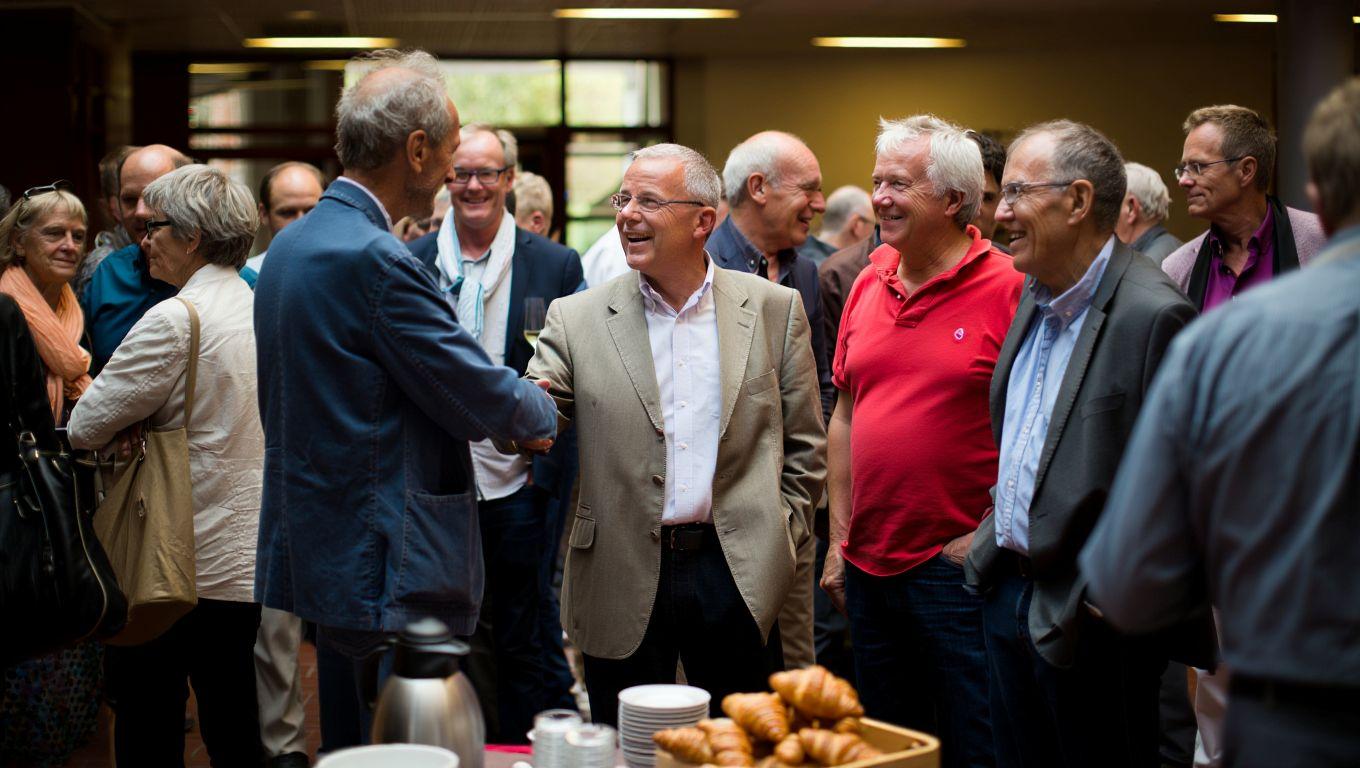 Accueil matinal au concours, petits groupes de jurés avec café et viennoiseries