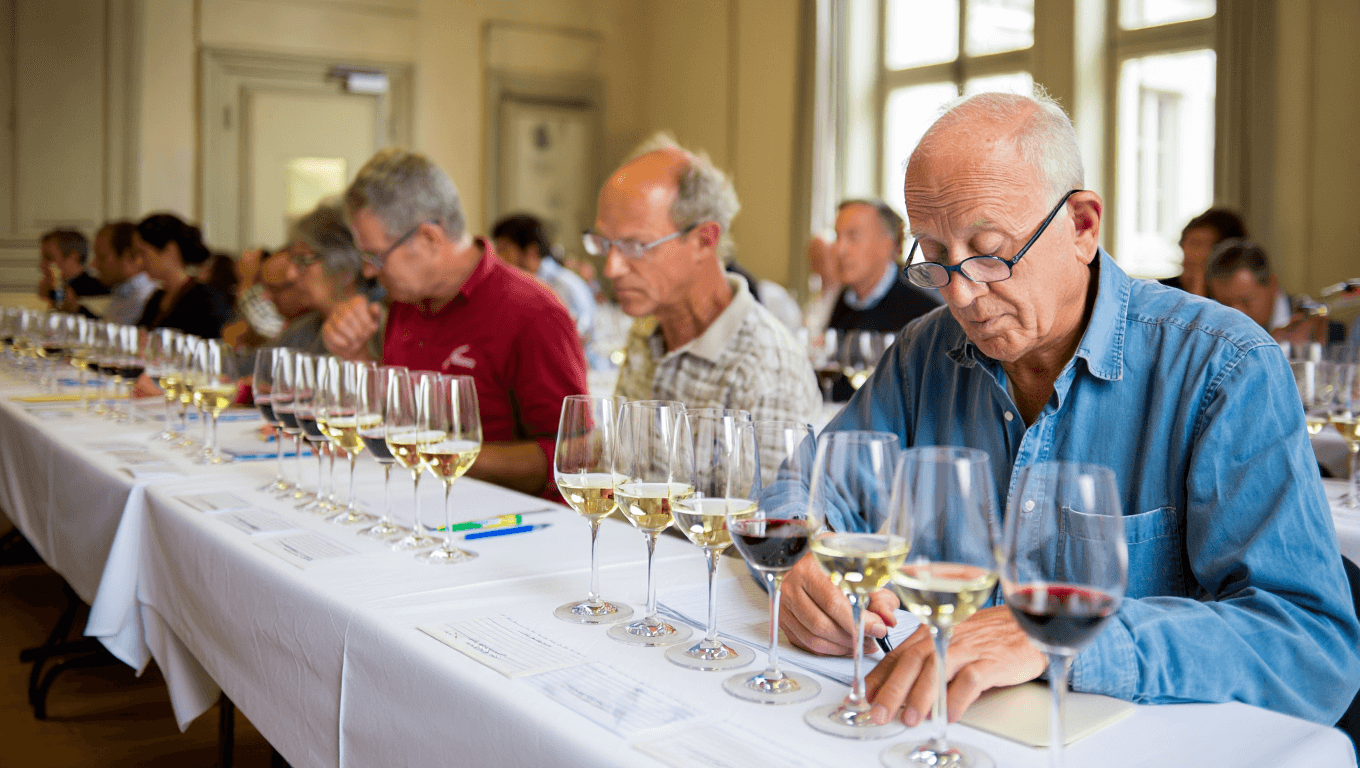 Jury en dégustation à l'aveugle au Concours des Vins du Sud-Ouest, rangées de verres numérotés sur nappe blanche