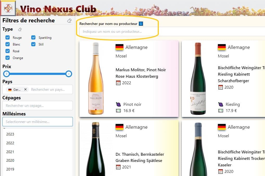 L'interface utilisateur pour la recherche de vins